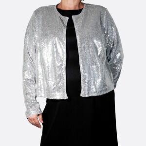 Isaac Mizrahi Sequin Cardigan Silver Plus 1X 2X Silver Metallic Shimmer Jacket